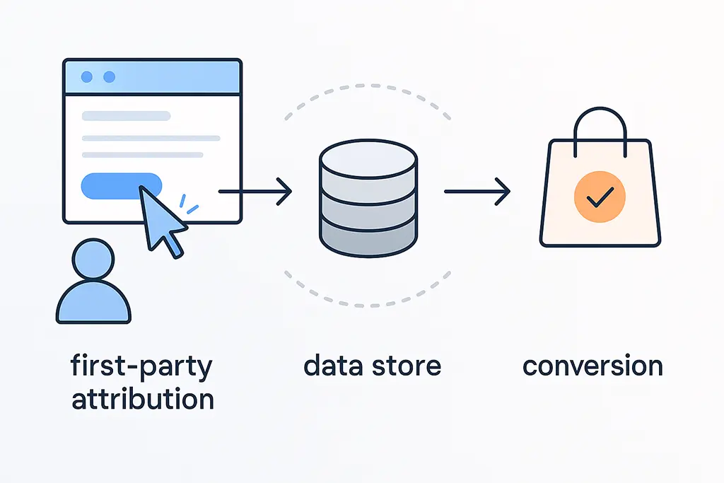 Diagram of a first-party attribution pipeline from click to conversion.