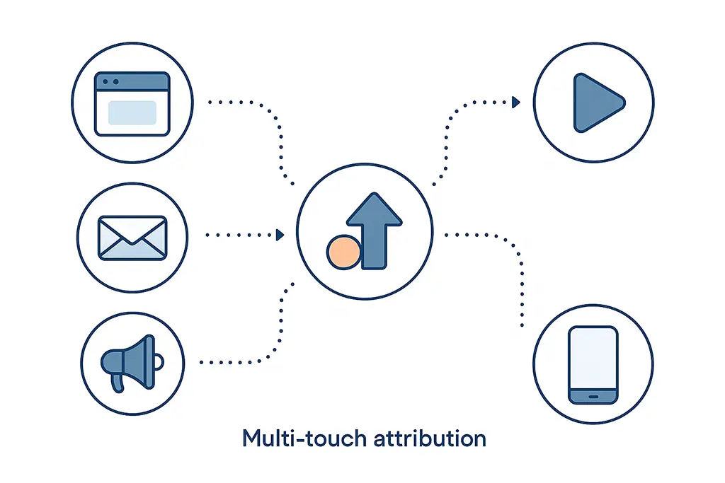 Diagram of multiple marketing touchpoints leading to a single conversion.