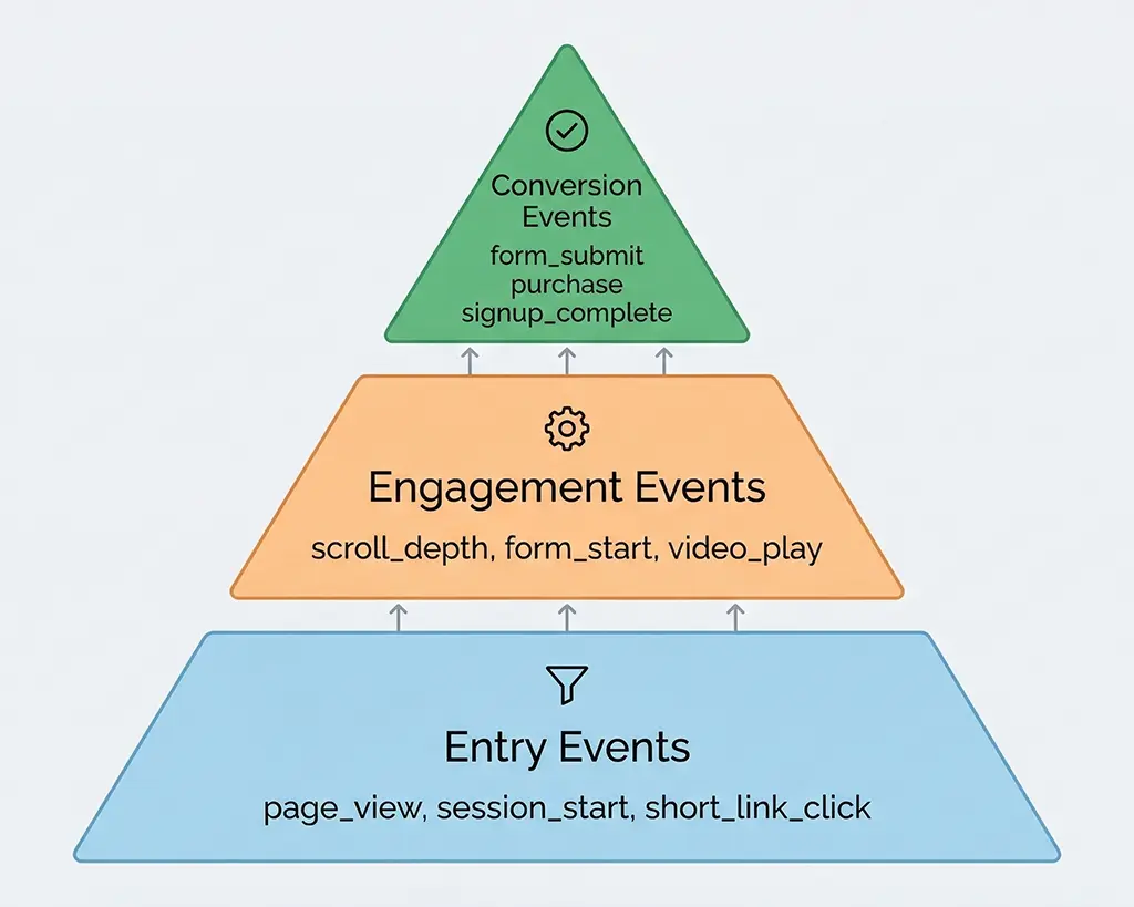 Three-tier pyramid diagram showing GA4 event hierarchy from entry events at base to outcome conversion events at apex, with example event names at each tier