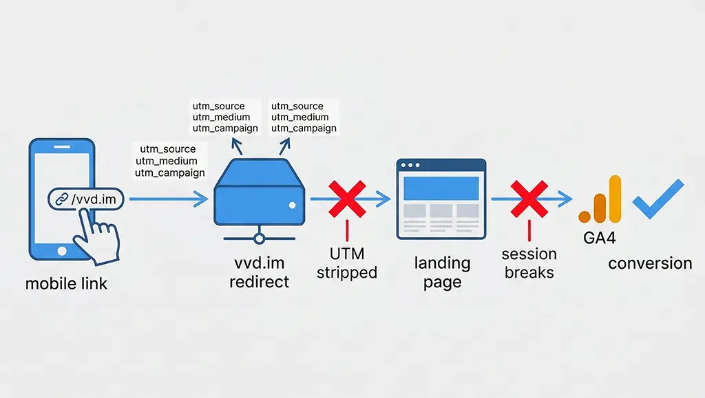 Diagram showing UTM parameter flow from short link click through redirect chain to GA4 conversion event, with failure points highlighted