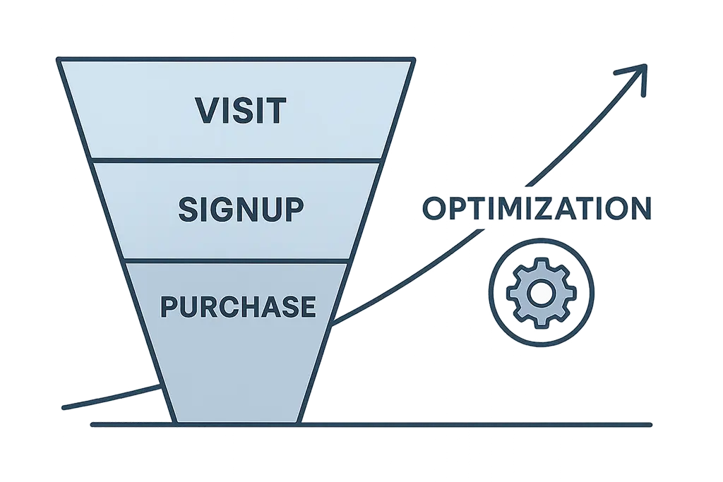 A conversion funnel diagram showing optimization points improving the path from visit to signup to purchase.