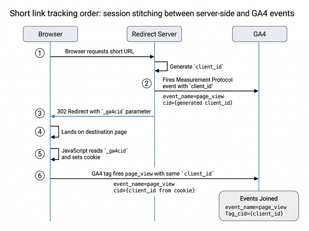 Sequence diagram showing how client_id is generated server-side, passed via redirect URL, and read by the destination page to stitch server-side and client-side GA4 events into the same session