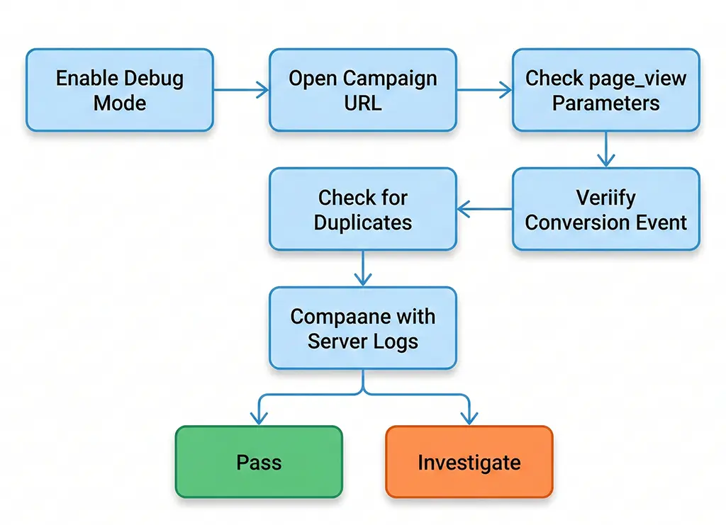Flowchart showing the GA4 DebugView audit workflow from enabling debug mode through event validation to post-launch comparison with server logs
