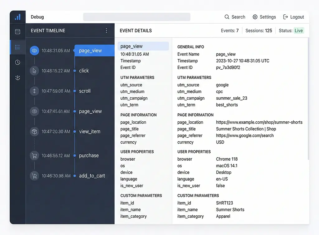GA4 DebugView interface showing a real-time event stream with event names, timestamps, and parameter inspector panel