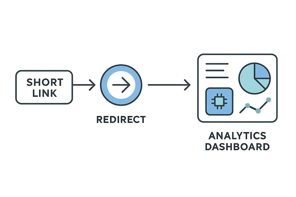 Diagram showing a short link click being tracked through redirects into analytics.