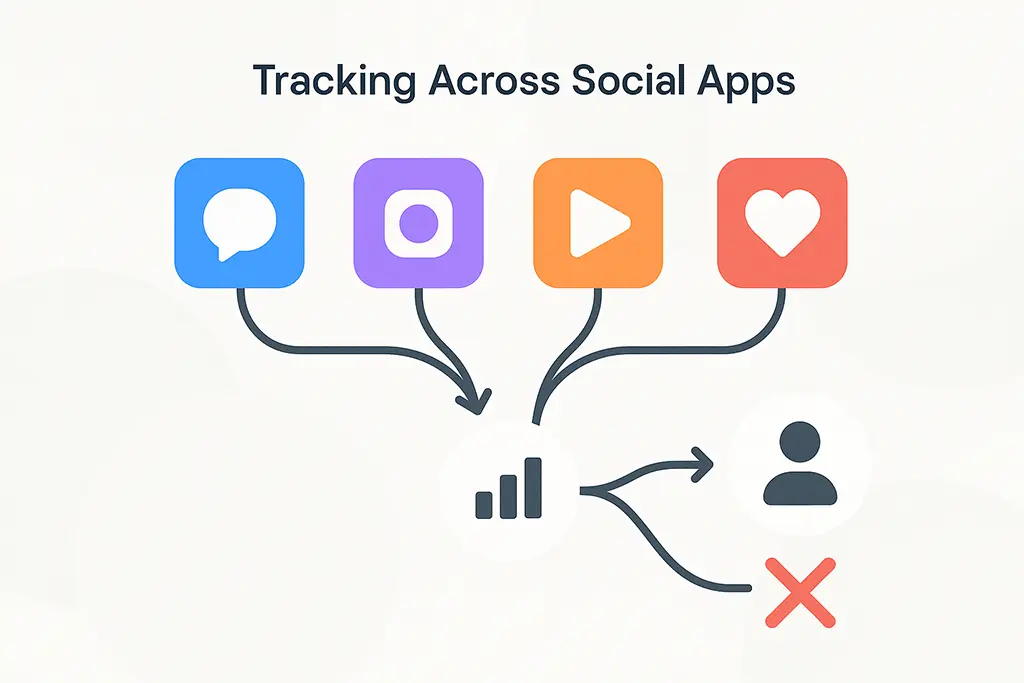 Diagram of social app link clicks flowing through different tracking outcomes.