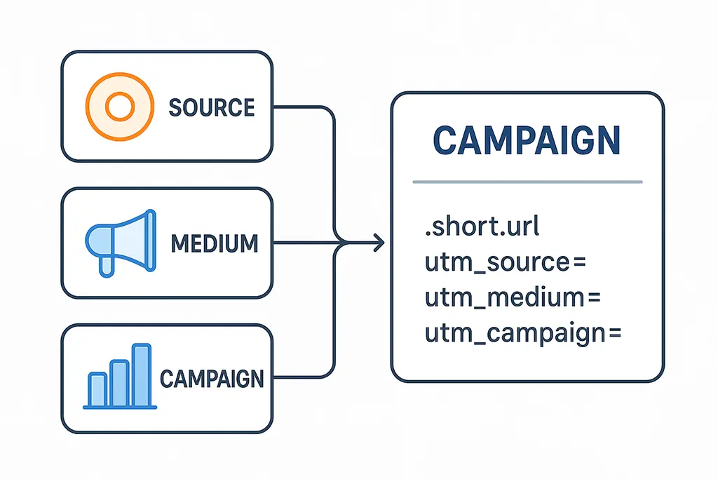 Diagram highlighting the core UTM parameters for source, medium, and campaign.