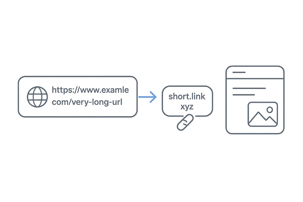 Diagram showing a long URL shortened into a branded short link that redirects to the destination.