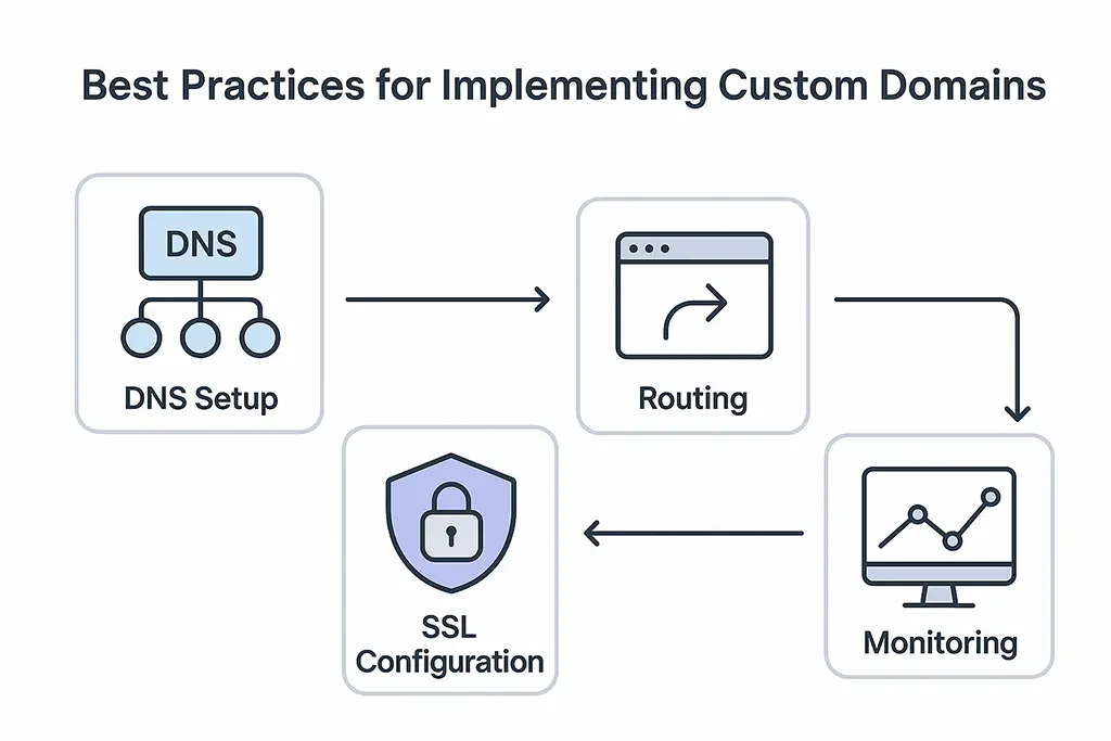 Flow diagram of DNS, SSL, routing, and monitoring steps to implement a custom domain.