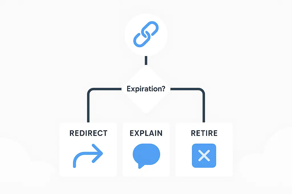 Decision tree diagram for short-link expiration strategies that preserve trust.