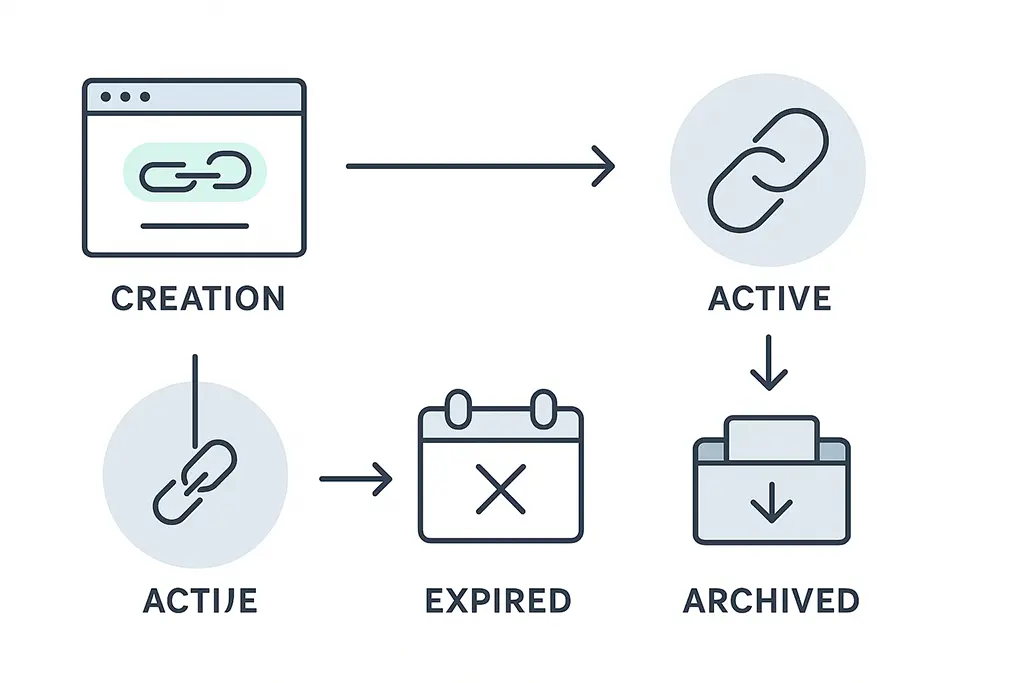 Lifecycle timeline diagram of a short link from creation to expiration and archive.