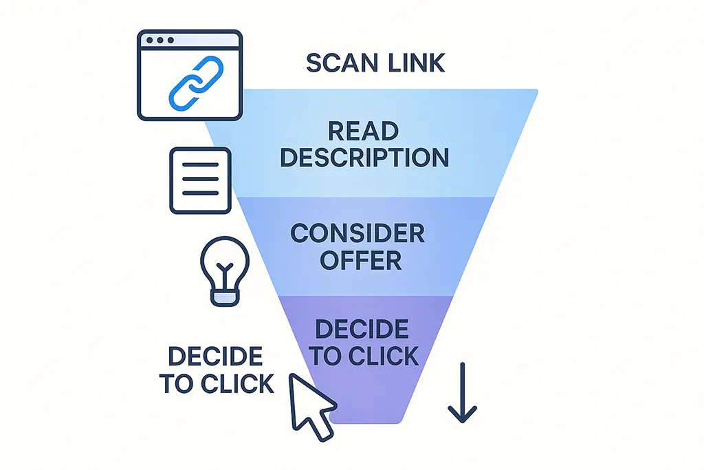 Funnel diagram showing how users evaluate a link before clicking.