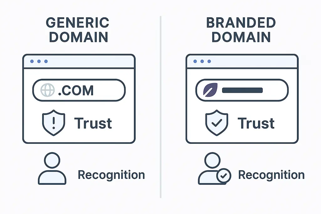 Comparison diagram showing higher trust for branded domains versus generic short links.